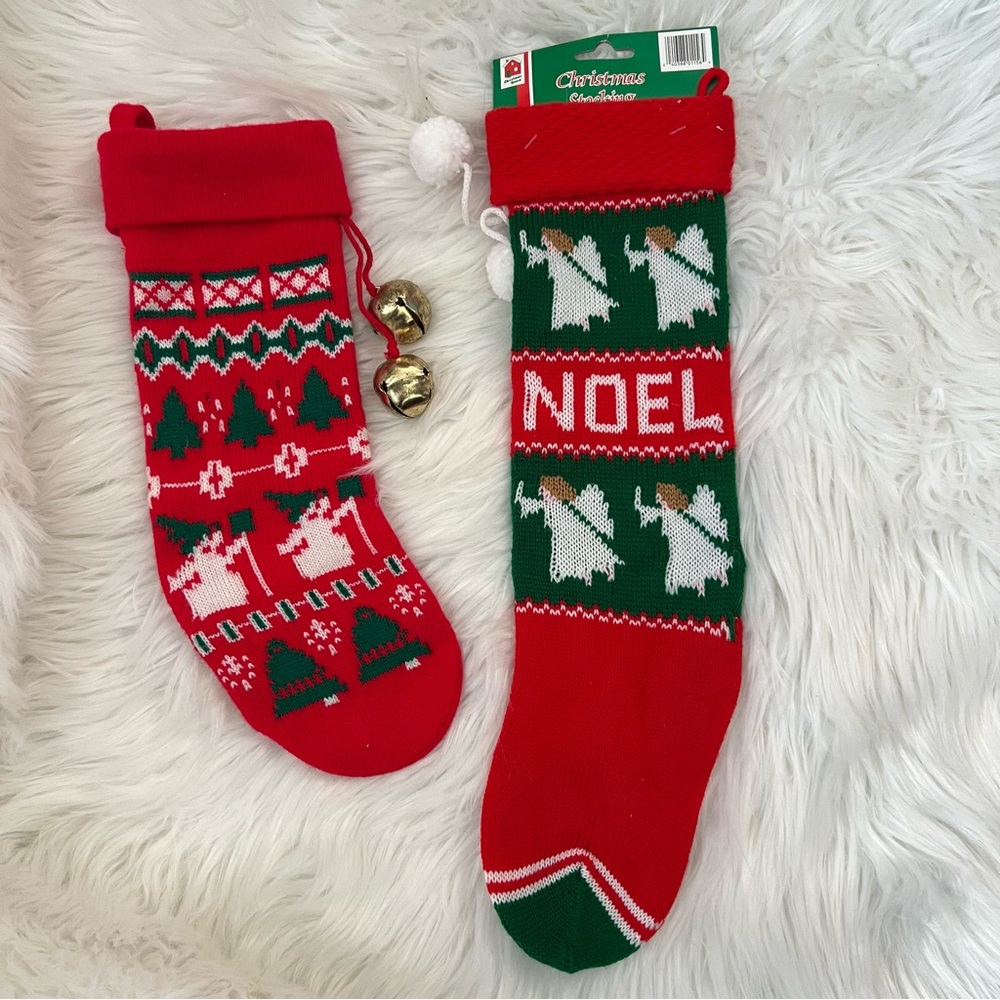 Vintage 80’s 90’s Lot of 2 Red Green Knit Yarn Crochet Christmas Stockings NWT